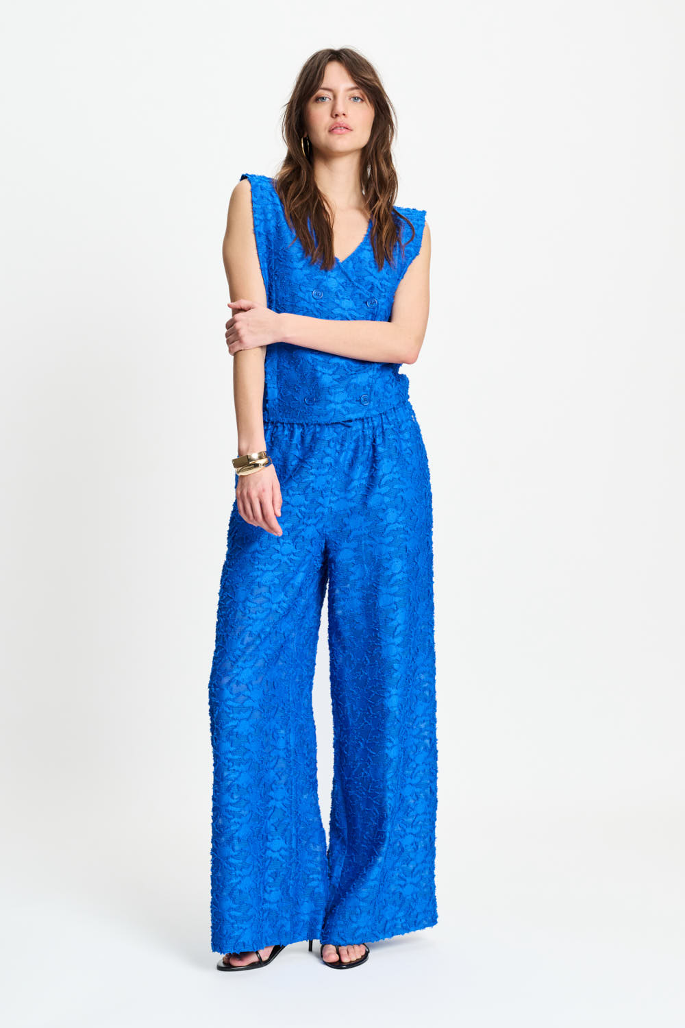 POM Amsterdam Ocean Blue Jacquard broek met opvallende patroon en rechte pasvorm, stijlvolle damesbroek.