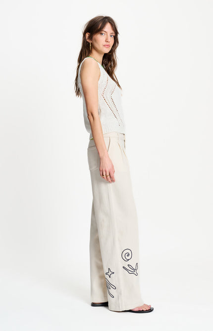 POM Amsterdam Jeans White Embroidery Beige SP9567 Stretchshop.nl