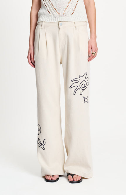 POM Amsterdam Jeans White Embroidery Beige SP9567 Stretchshop.nl