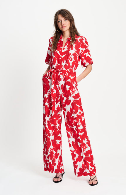 POM Amsterdam Jumpsuit Bubble Bloom Red Linen SP9591 Stretchshop.nl