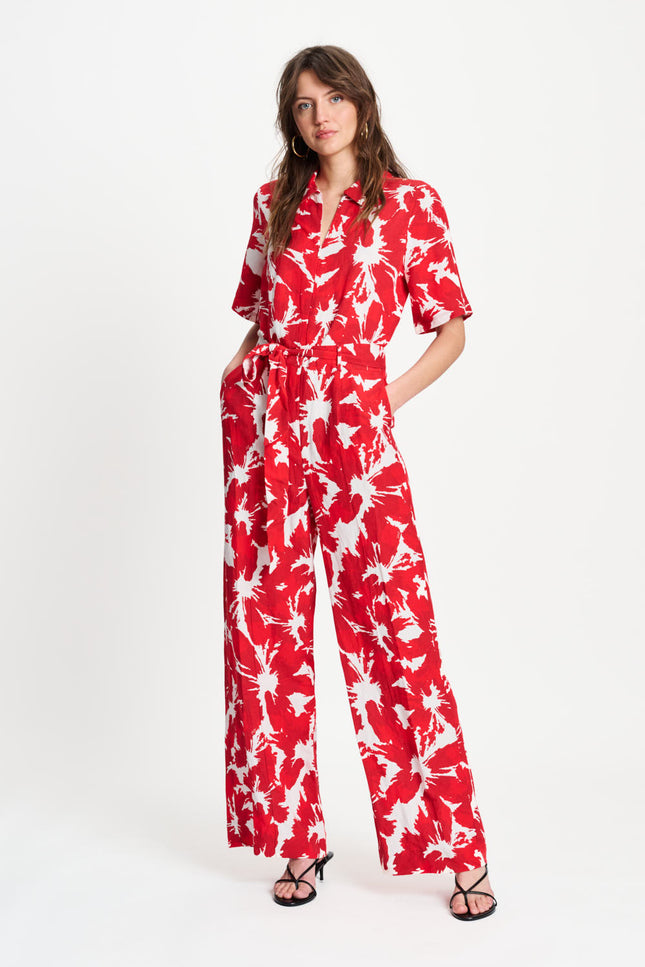 POM Amsterdam Jumpsuit Bubble Bloom Red Linen SP9591 Stretchshop.nl