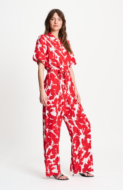POM Amsterdam Jumpsuit Bubble Bloom Red Linen SP9591 Stretchshop.nl