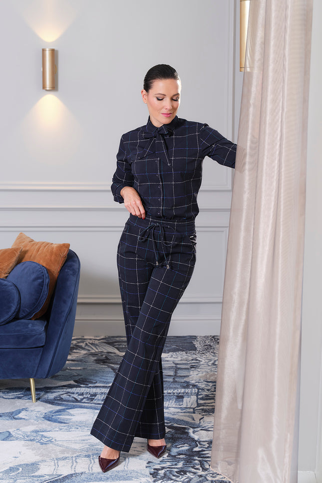 Heavy Travel Broek Flared Herringbone Print Dark Blue Petrol 202136