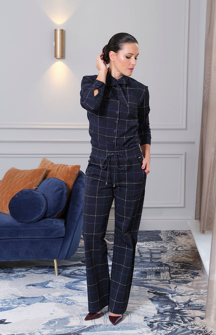 Heavy Travel Broek Flared Herringbone Print Dark Blue Petrol 202136