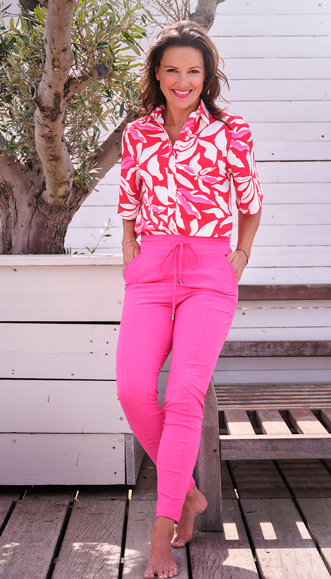 Mi Piace Travel Blouse Wijde Mouw Flower Print Red Offwhite 202502 Stretchshop.nl