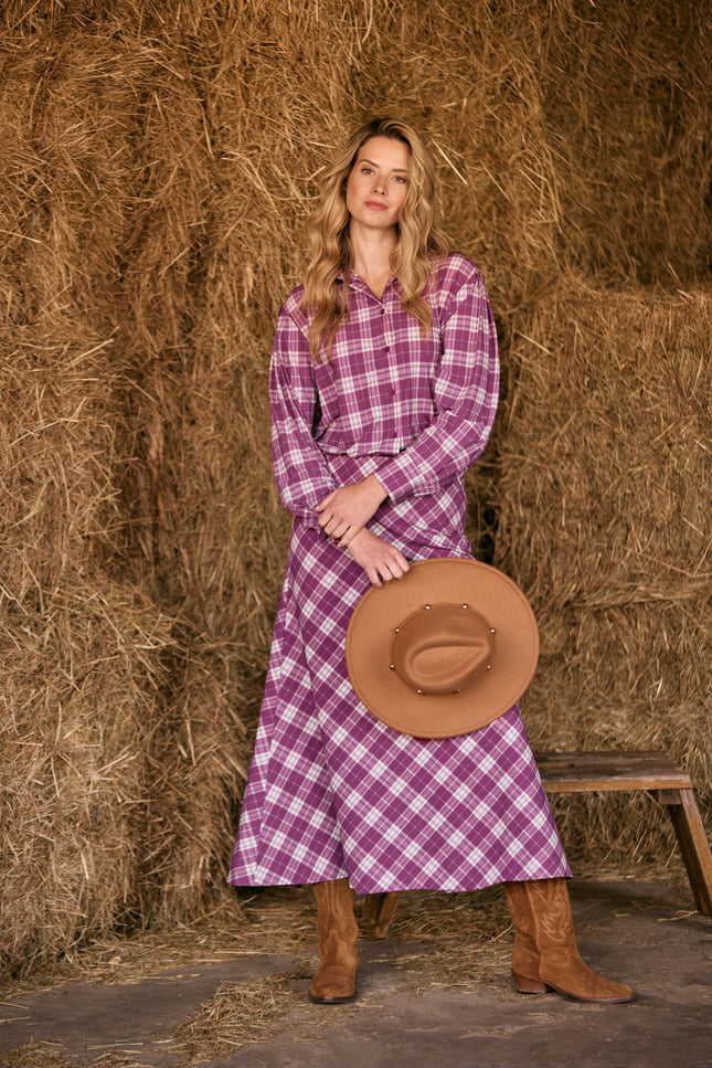 Travel Blouse Light Oversized Autumn Check Print Magenta Purple 202863