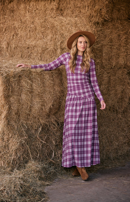 Travel Jurk Light Long Autumn Check Print Magenta Purple 202867L