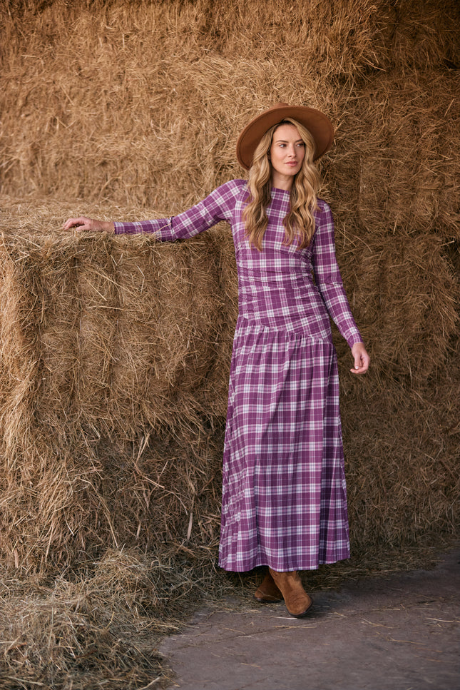 Travel Jurk Light Long Autumn Check Print Magenta Purple 202867L
