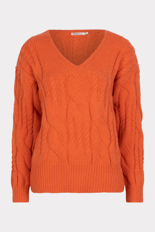 EsQualo Sweater cables v-neck red clay 02700 Stretchshop.nl
