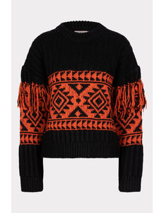 EsQualo Sweater jacquard fringes black red 18701 Stretchshop.nl