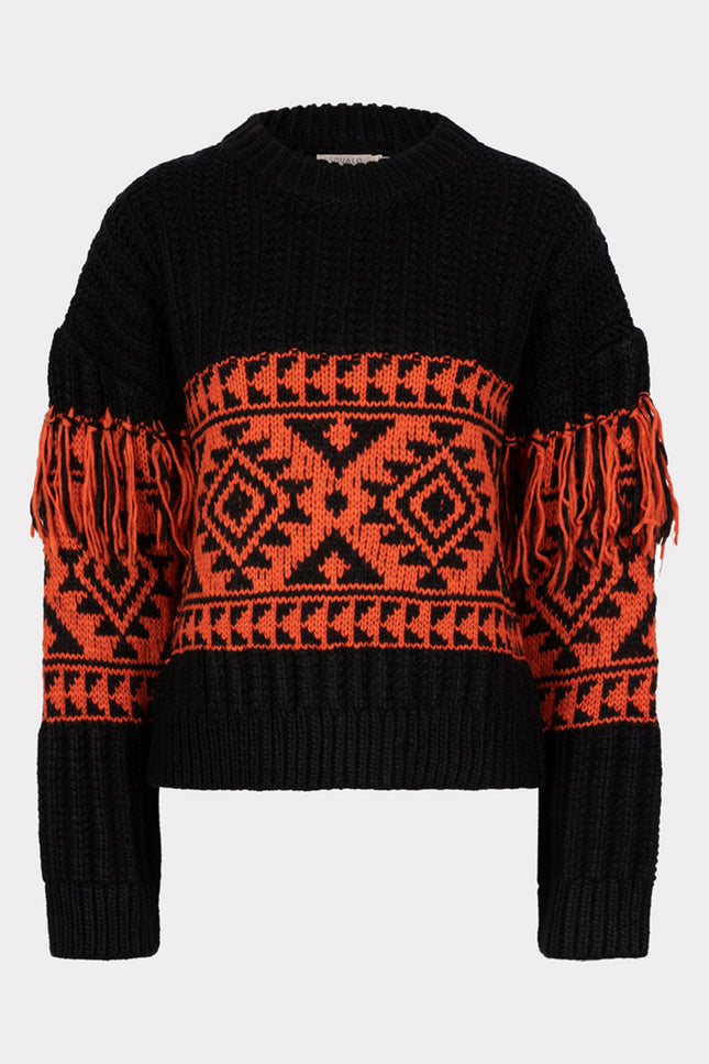 EsQualo Sweater jacquard fringes black red 18701 Stretchshop.nl