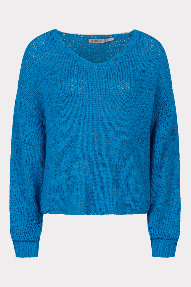 EsQualo Sweater v/neck tape yarn blue 18010 Stretchshop.nl