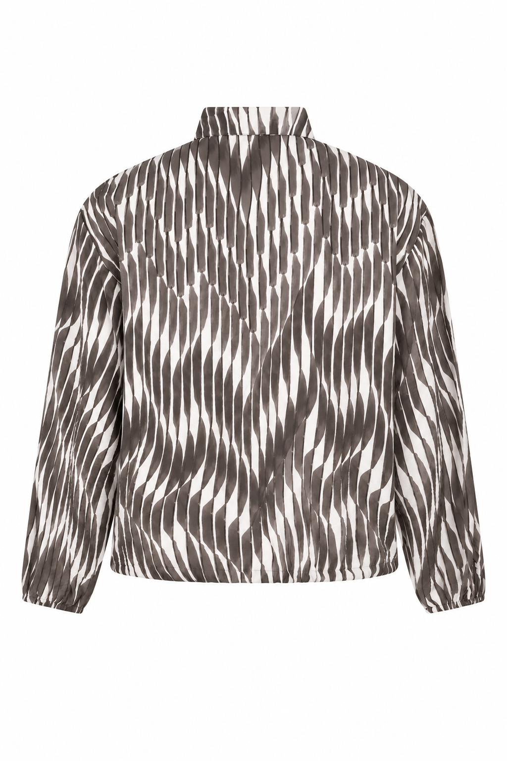 Taupe blouse Nadia van Zoso met abstract streeppatroon, offwhite details, elegante en stijlvolle uitstraling.
