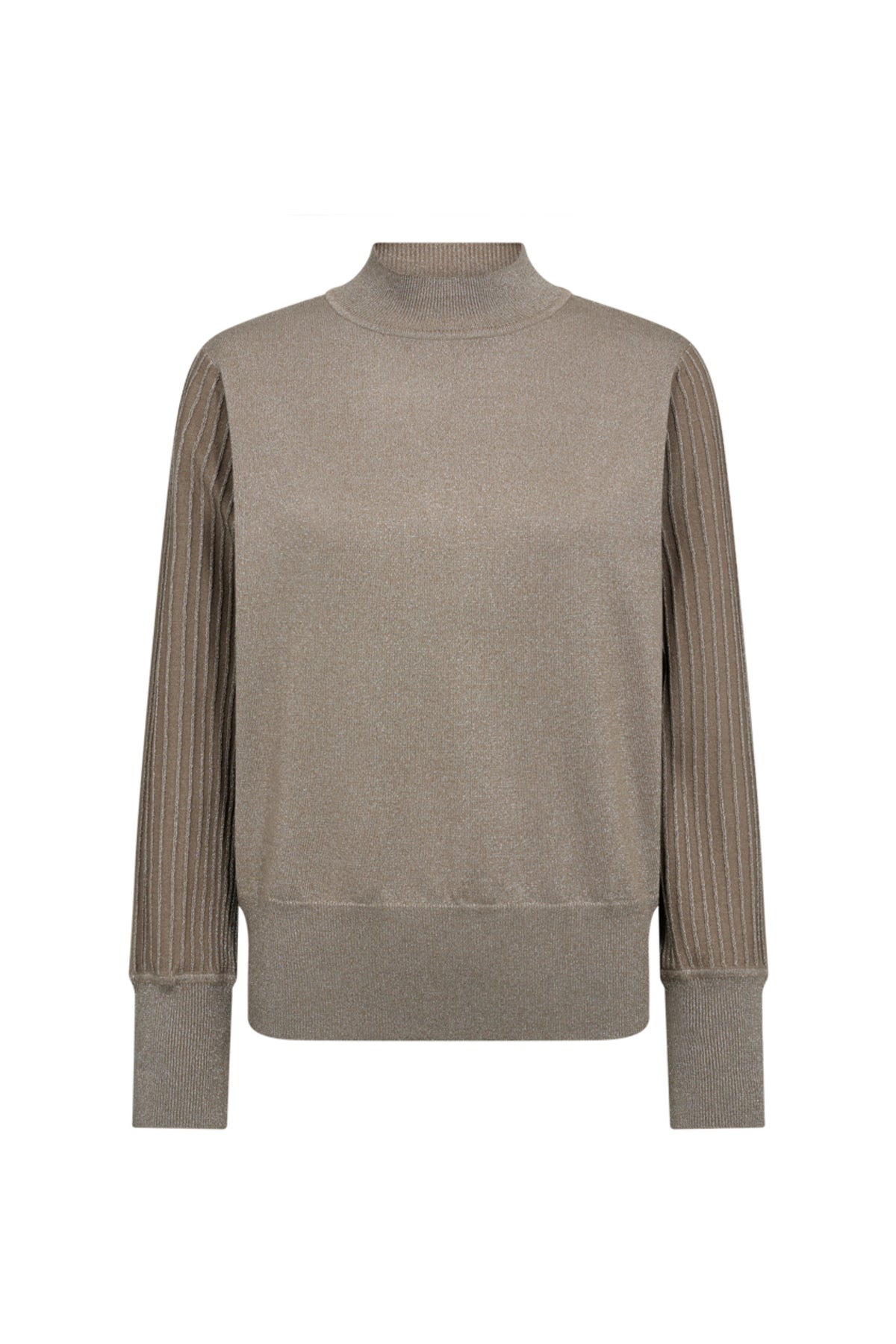 Taupe Freequent trui Fqbisolo Desert met ronde hals en zachte stof, gedragen door een model.