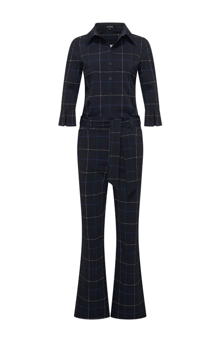 Heavy Travel Jumpsuit Herringbone Print Dark Blue Petrol 202154A