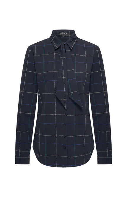 Travel Blouse Bow Herringbone Print Dark Blue Petrol 202709