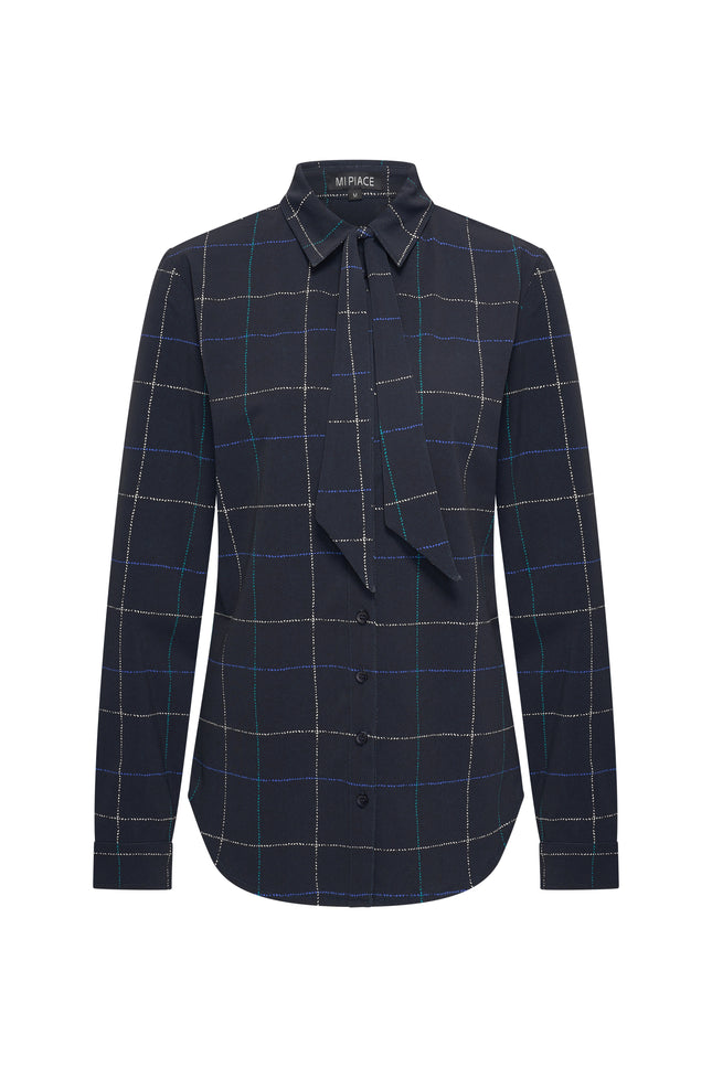 Travel Blouse Bow Herringbone Print Dark Blue Petrol 202709