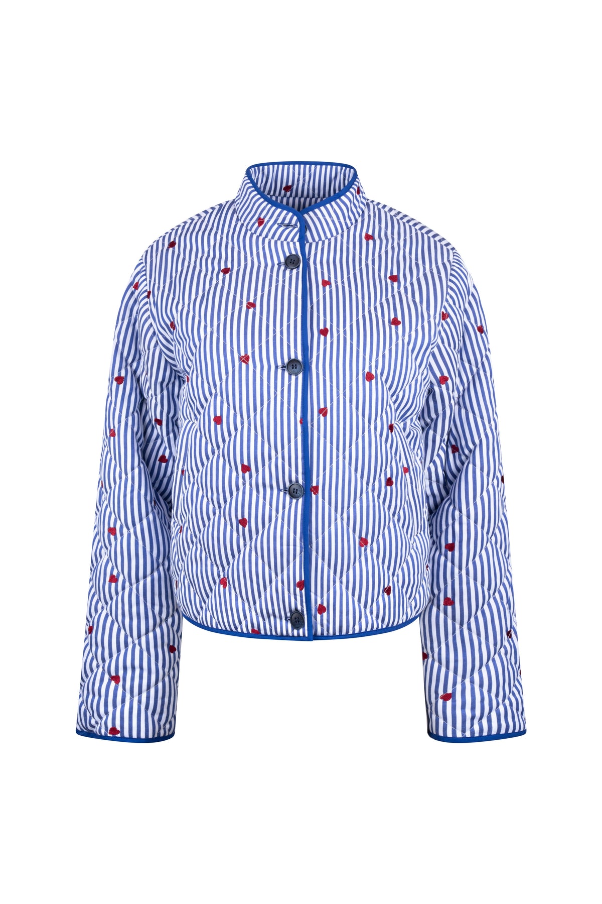 Nukus zomerjack June in navy met offwhite details, korte pasvorm en ritssluiting, geschikt voor dames.