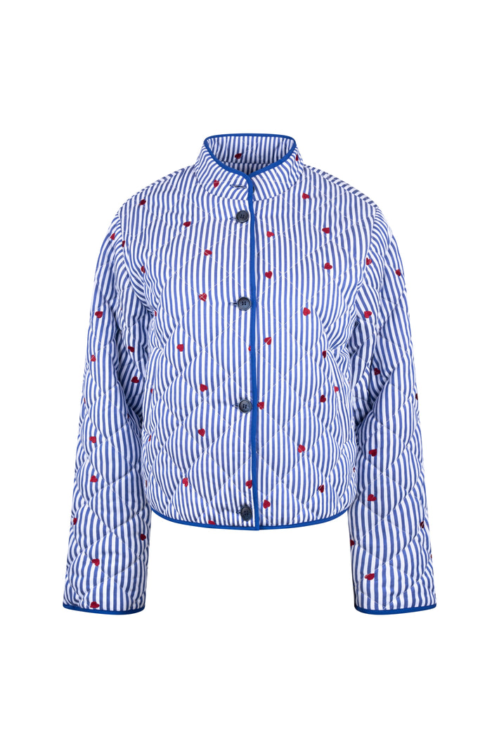 Nukus zomerjack June in navy met offwhite details, korte pasvorm en ritssluiting, geschikt voor dames.