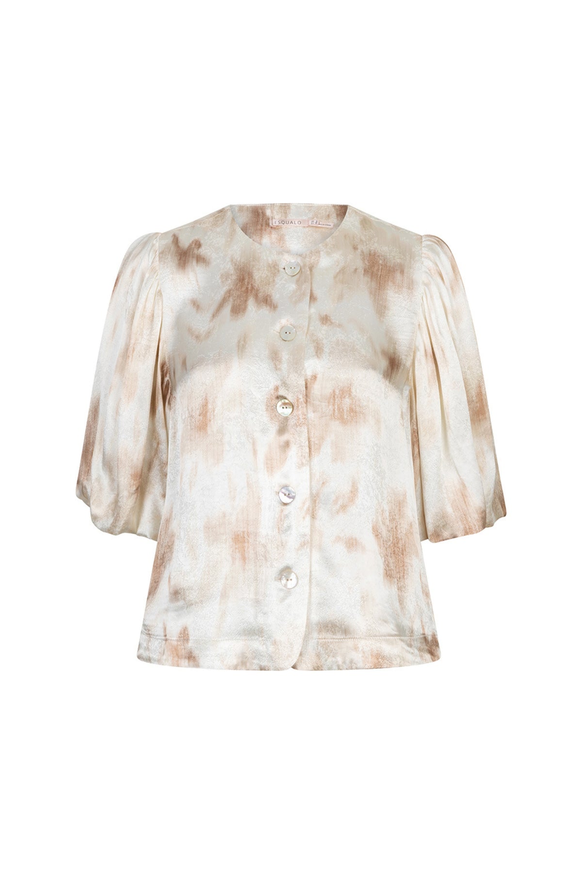 EsQualo ballonblouse met bloemprint, rood en geel, met losse pasvorm en elegante details op een witte achtergrond