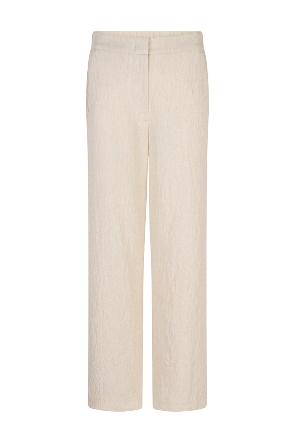 Linnen broek van EsQualo in natuurlijke kleur, met rechte snit en elastische tailleband, gedragen door een model.