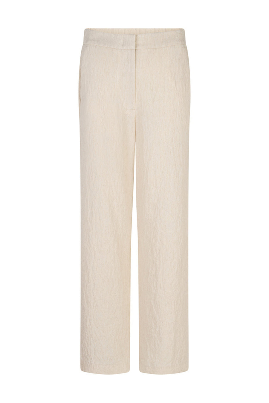 Linnen broek van EsQualo in natuurlijke kleur, met rechte snit en elastische tailleband, gedragen door een model.