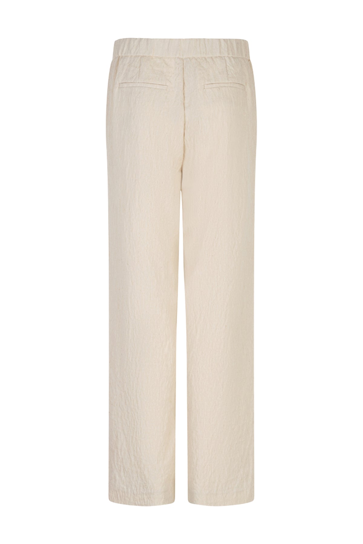 Linnen broek van EsQualo in natuurlijke kleur, met een losse pasvorm en elastische taille, gedragen door een model.