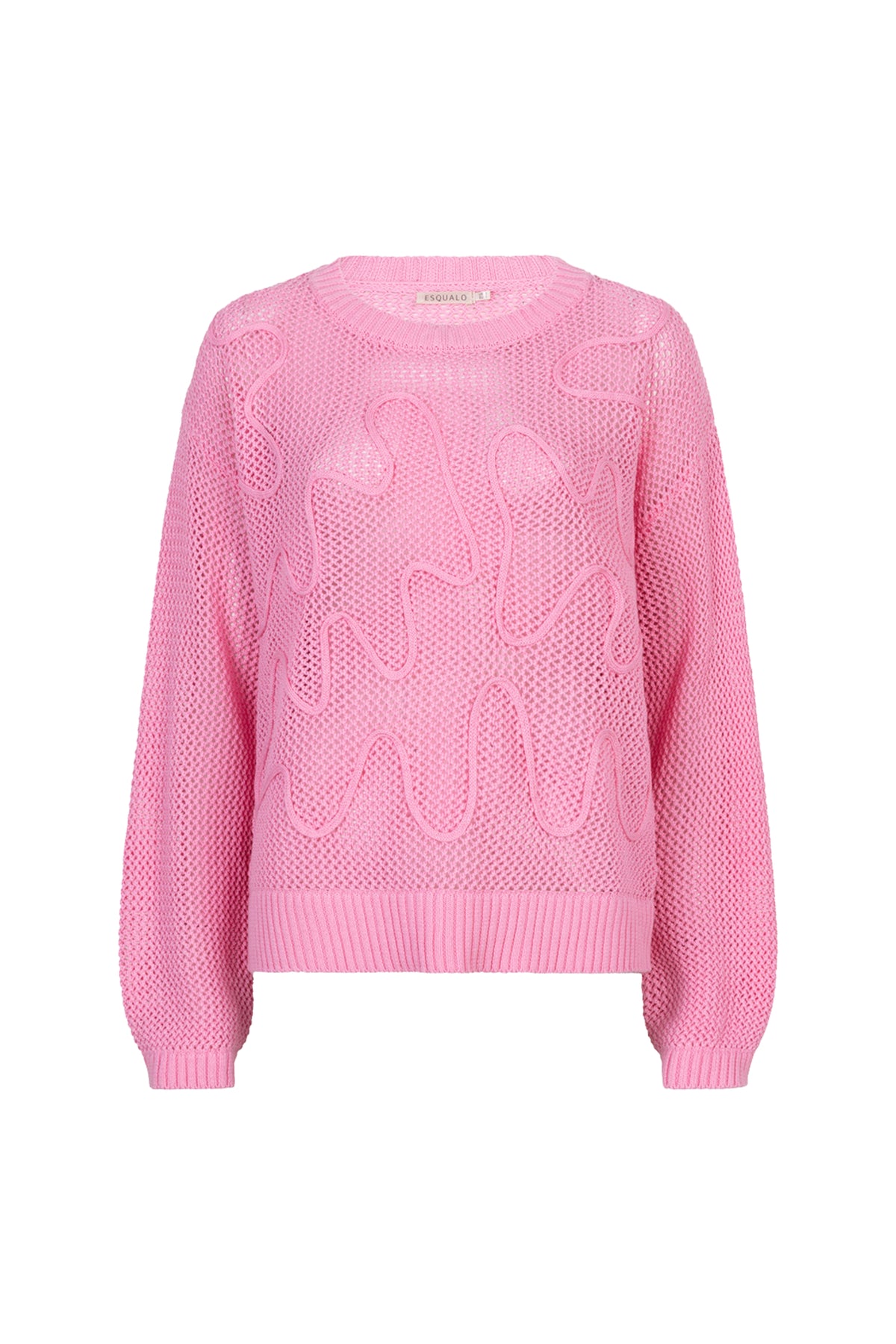 EsQualo Sweater Tapes Rose SP26.02032, roze gebreide trui met patroon, draagbaar en comfortabel, close-up van het textiel en ontwerp