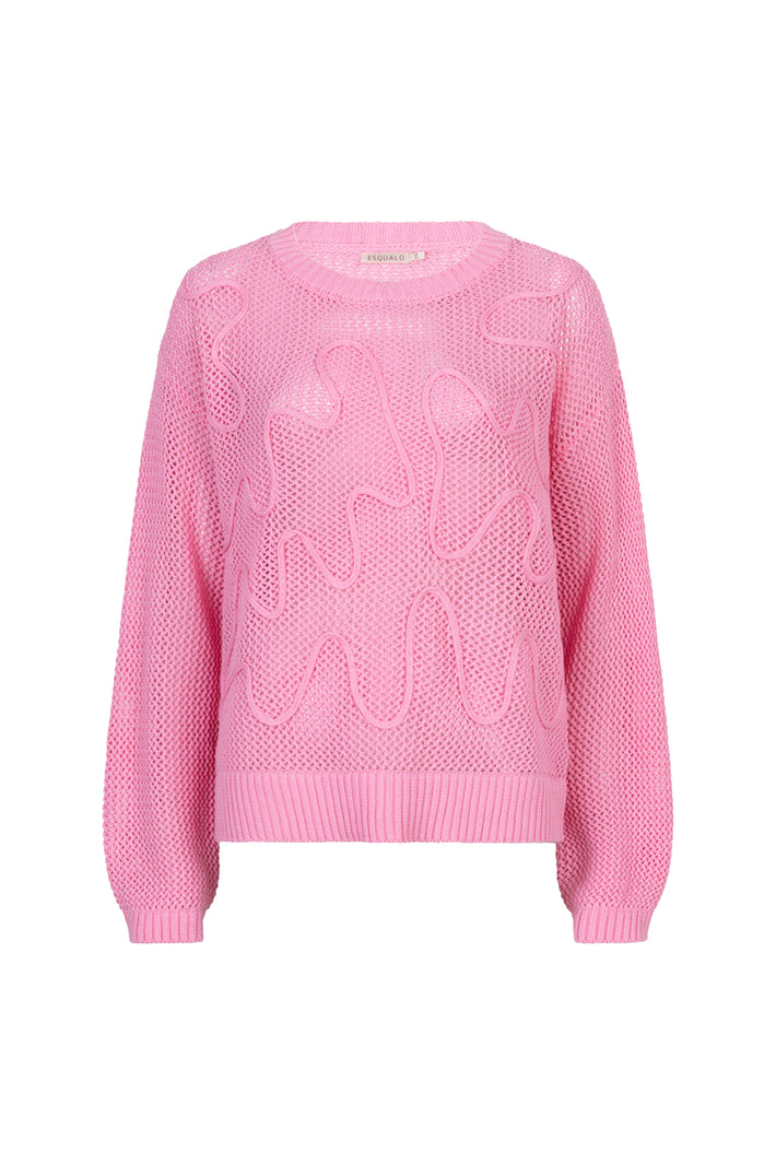 EsQualo Sweater Tapes Rose SP26.02032, roze gebreide trui met patroon, draagbaar en comfortabel, close-up van het textiel en ontwerp