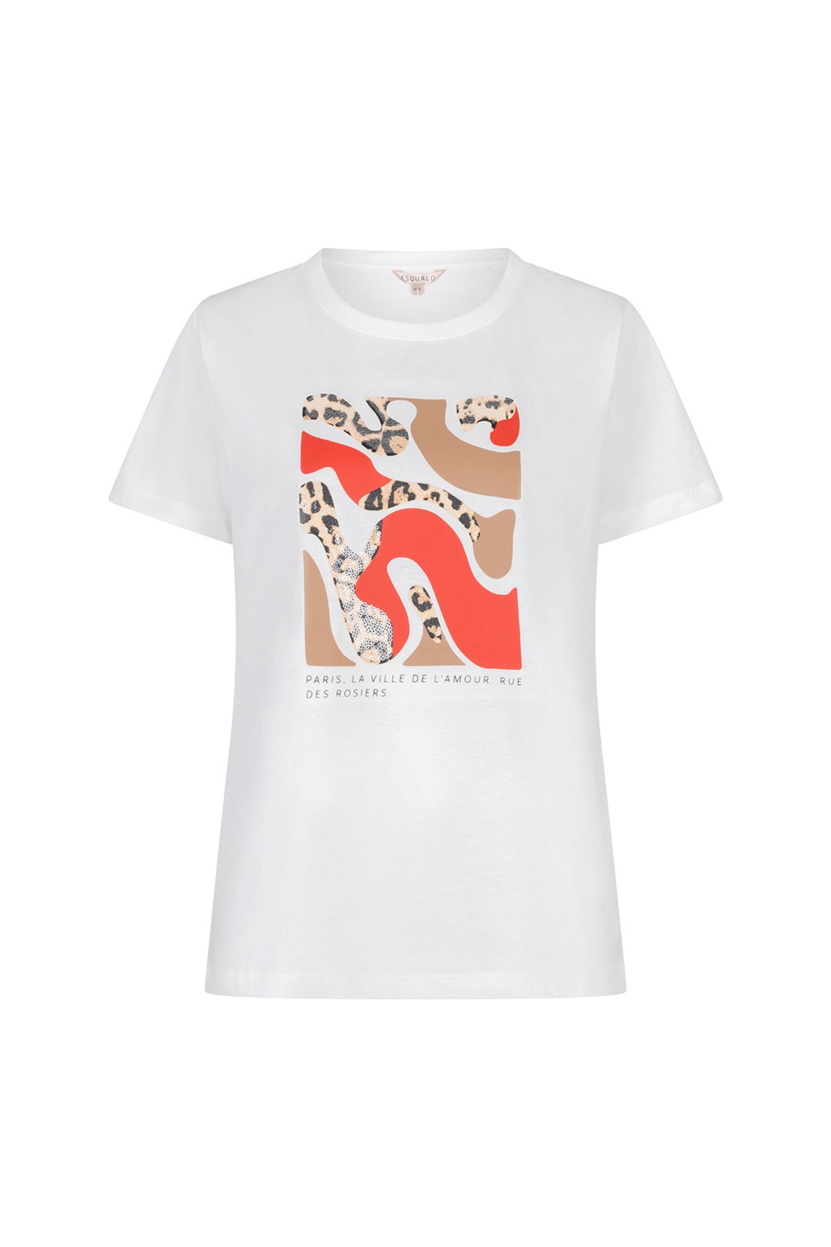 Offwhite en rode EsQualo T-shirt met Paris print, casual stijl, korte mouwen en comfortabele pasvorm.