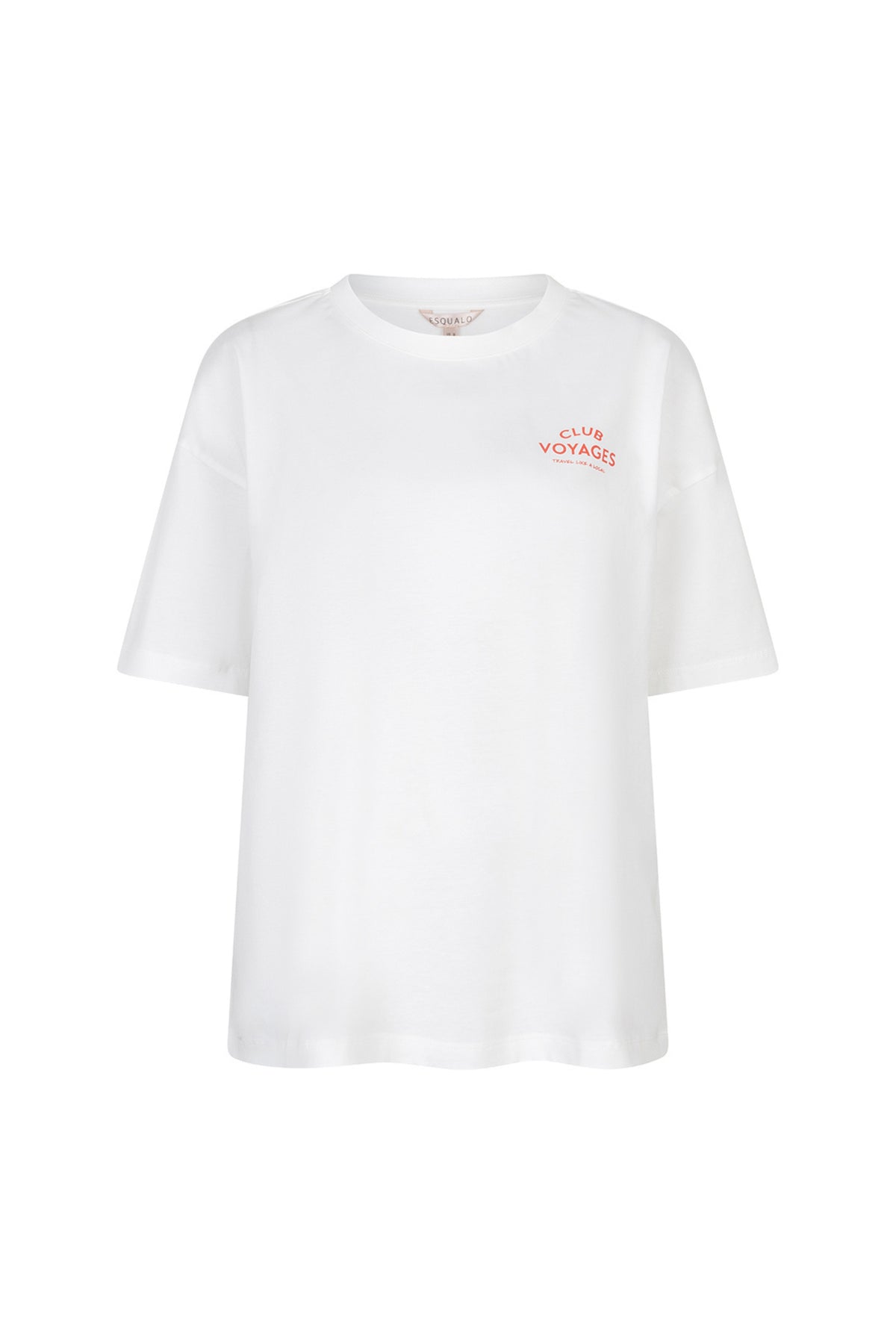 Offwhite en rode EsQualo T-shirt met Voyage-ontwerp, casual pasvorm en korte mouwen, op een witte achtergrond.