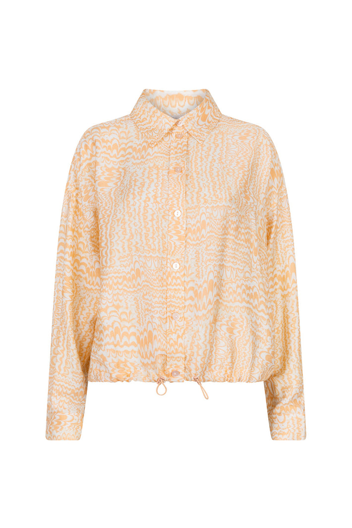 Blouse van EsQualo met elastische onderkant en golvend printpatroon, stijlvolle dameskleding.