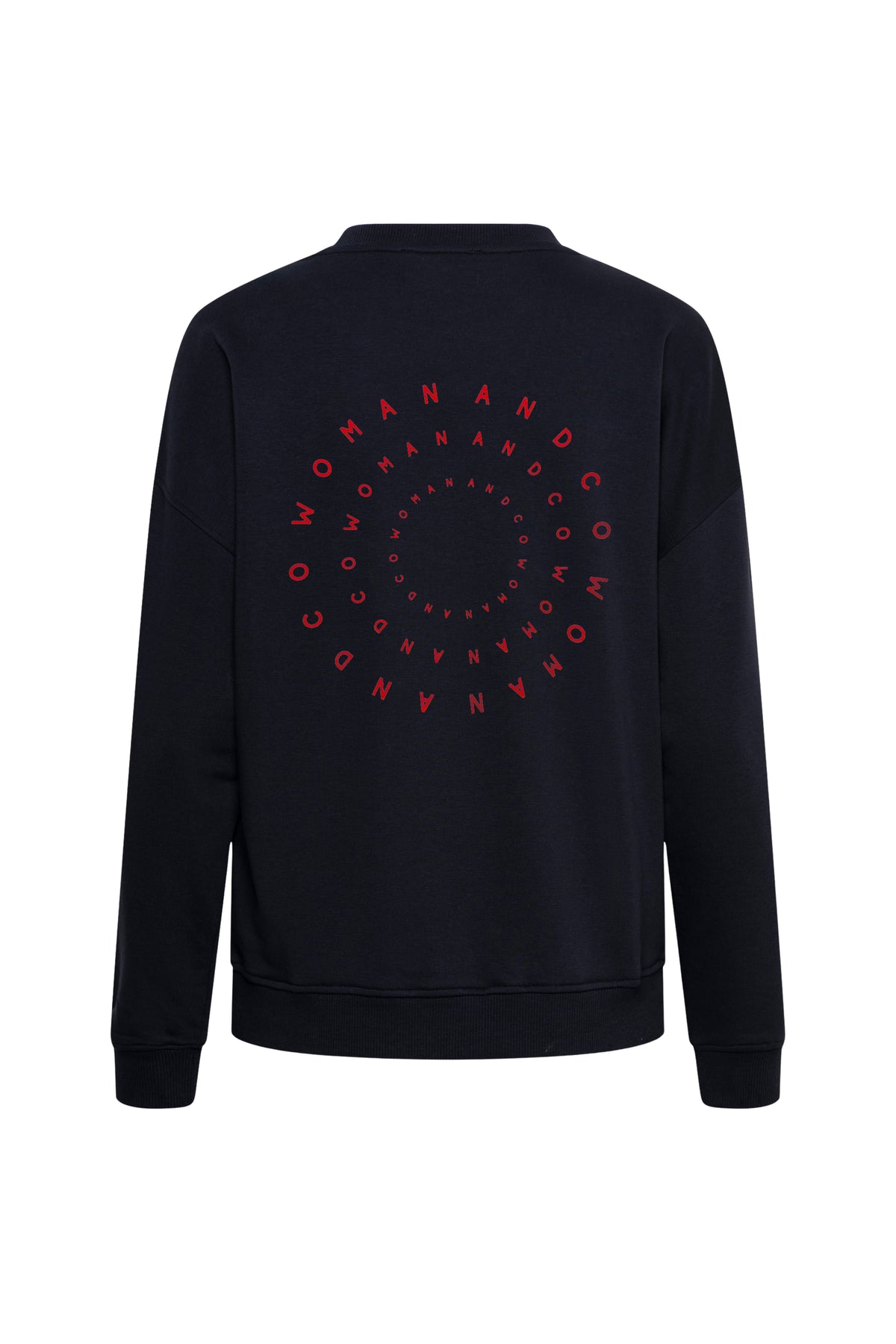 Donkerblauwe damestrui van &Co woman, Silya model, met zachte wolmix, gedragen door een vrouw, close-up van de stof en pasvorm