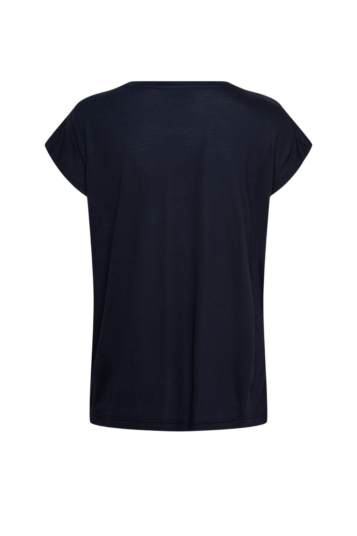 Navy blauw top van &Co woman met V-hals en korte mouwen, model VEERLE, op een witte achtergrond.
