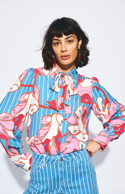 POM Amsterdam Blouse Urban Flora Stripe Multi Colour SP9500 Stretchshop.nl