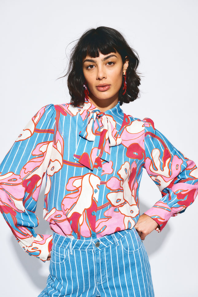 POM Amsterdam Blouse Urban Flora Stripe Multi Colour SP9500 Stretchshop.nl