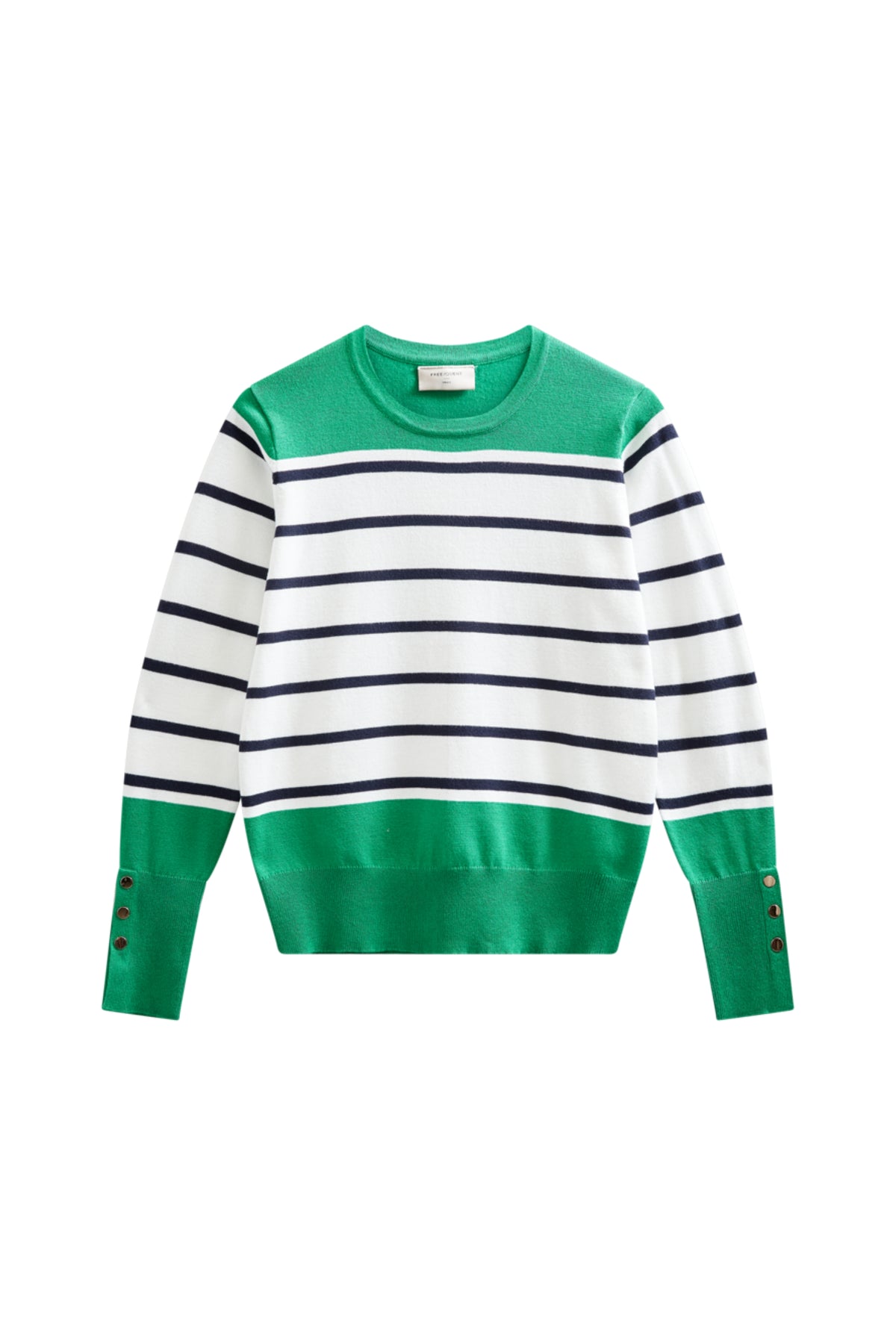 Groene trui van Freequent met witte sterren, offwhite details, gedragen door model, close-up van de stof en stijl.