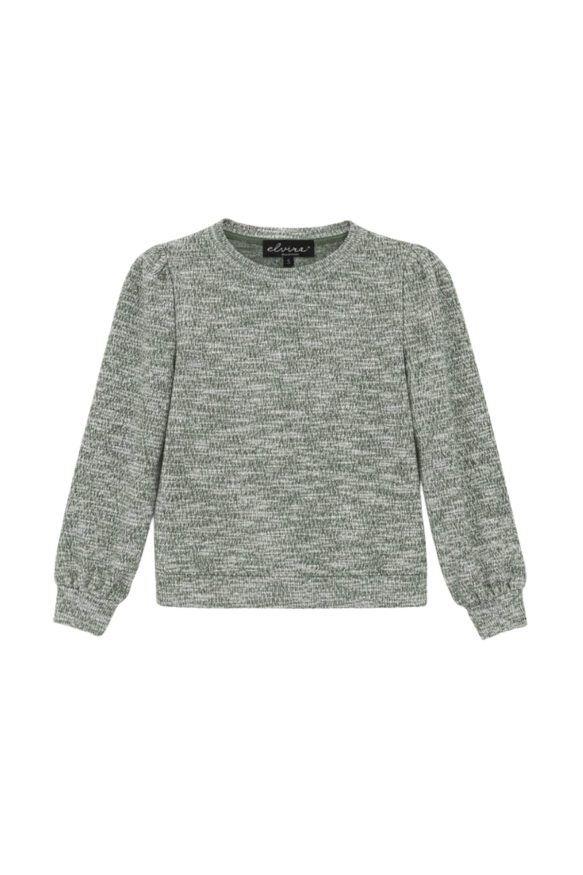 Elvira Casuals sweater Angela Khaki Melange met gedetailleerde knitstructuur en ronde hals op een model.
