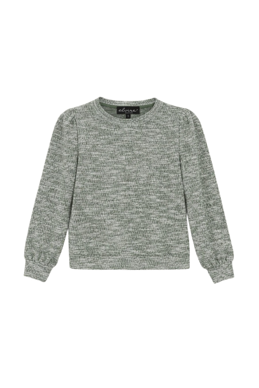 Elvira Casuals sweater Angela Khaki Melange met gedetailleerde knitstructuur en ronde hals op een model.