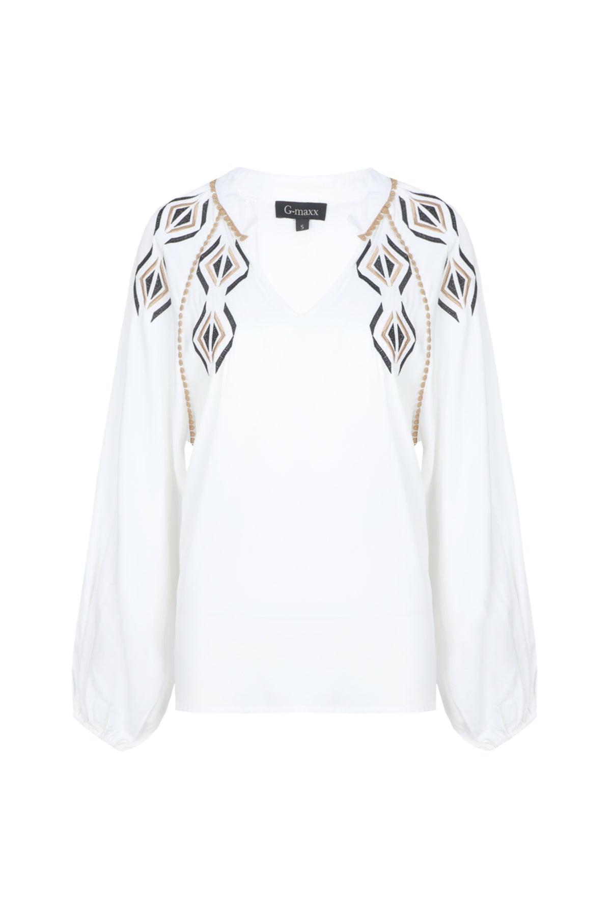 Offwhite blouse Xylia van G-maxx met ronde hals en lange mouwen, gedragen door een model.