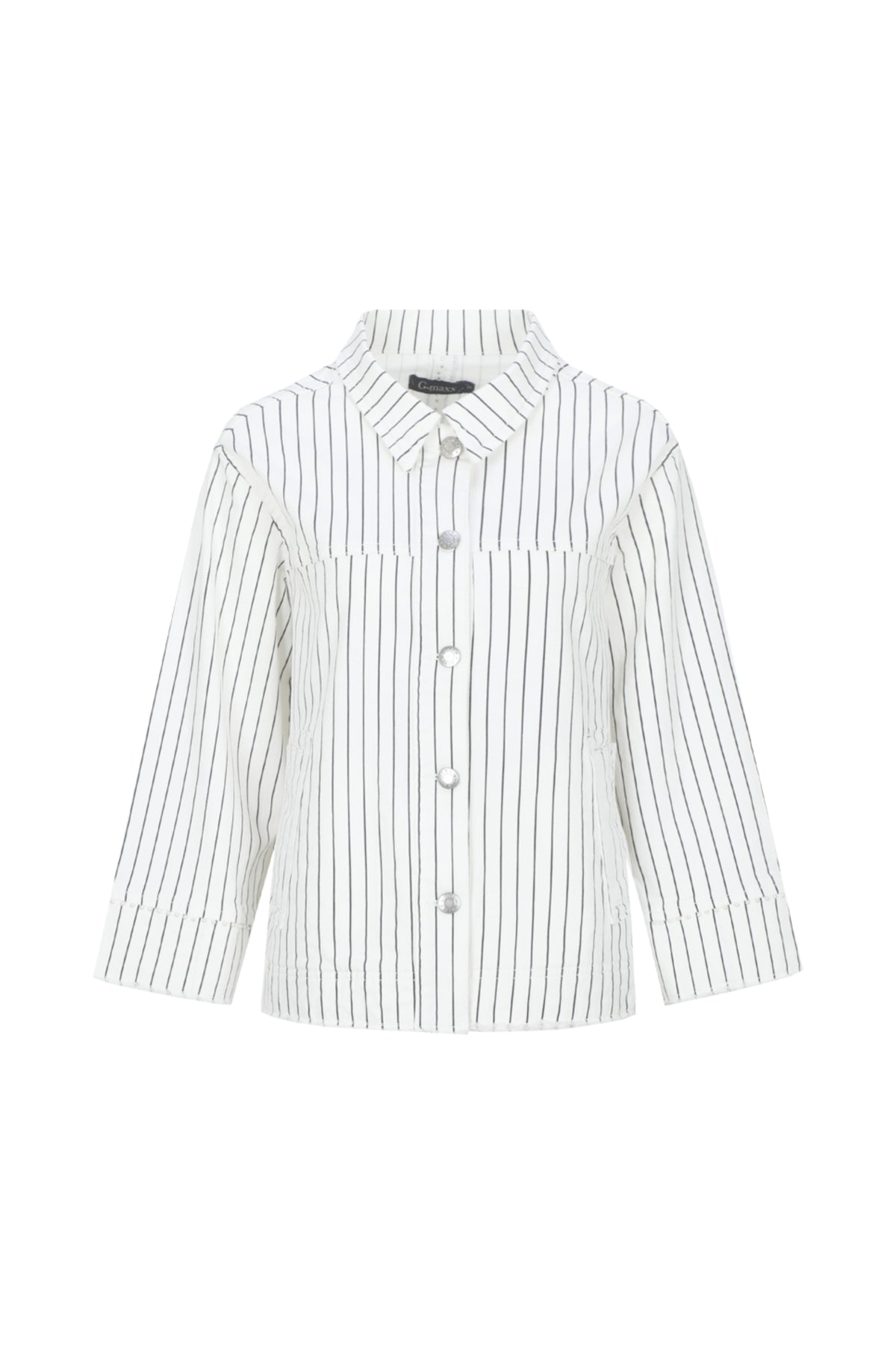 G-maxx Bruni jas in offwhite en zwart, stijlvolle damesjacket met rits en pockets, gedragen door een model.