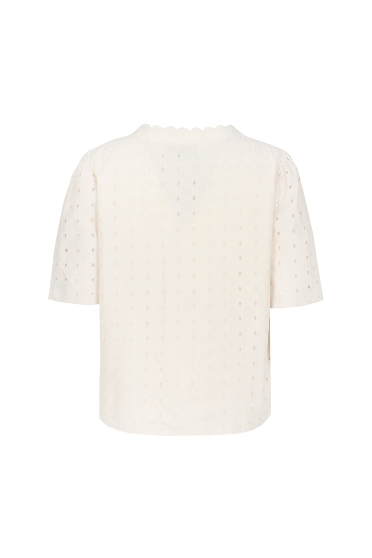 G-maxx Ulani Sand blouse met lange mouwen en knoopsluiting, gedragen door een model op een lichte achtergrond.