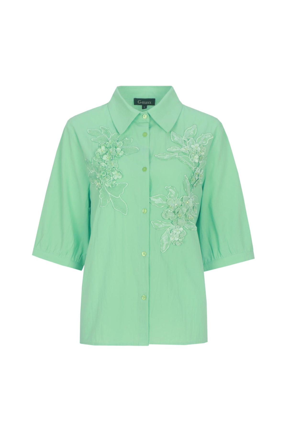 Groene blouse Vaeda van G-maxx, lichte en comfortabele damesblouse met elegante pasvorm en frisse uitstraling.