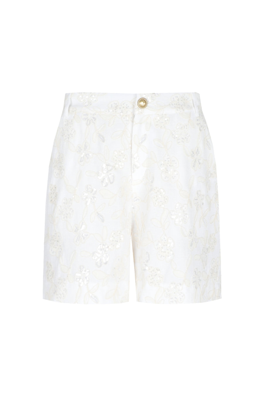 Lichte offwhite korte Esmarie broek van G-maxx met een strakke pasvorm en moderne stijl, getoond op een model.