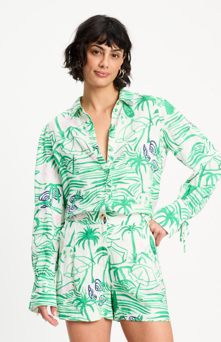 POM Amsterdam Blouse Beach Vibes Linen Green SP9545 Stretchshop.nl