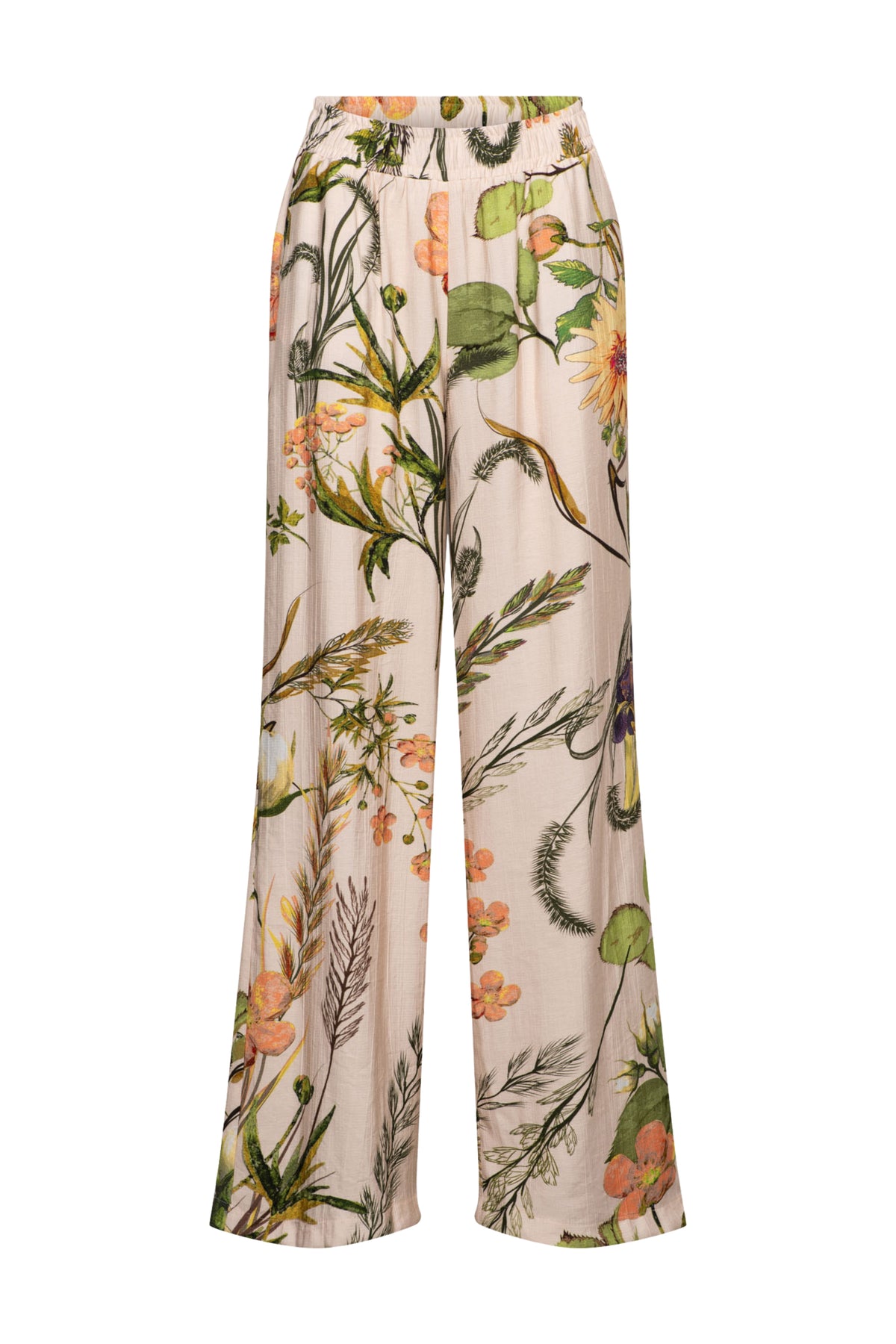 Roze multi-color bloemenbroek Nadine Flower Powder Pink van &Co woman, stijlvolle pasvorm en kleurrijk bloemenpatroon.