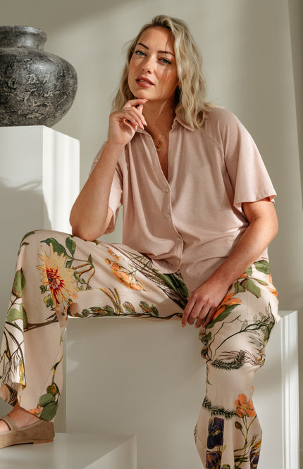 &Co woman Broek Nadine Flower Powder Pink Multi PA431 Stretchshop.nl