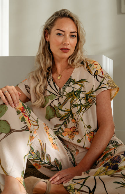 &Co woman Broek Nadine Flower Powder Pink Multi PA431 Stretchshop.nl