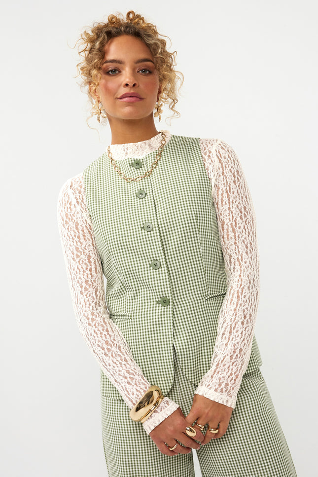 Ydence Gilet Jette Green Check Stretchshop.nl