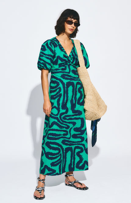 POM Amsterdam Jurk Poplin Waves Green Multi Colour SP9552 Stretchshop.nl